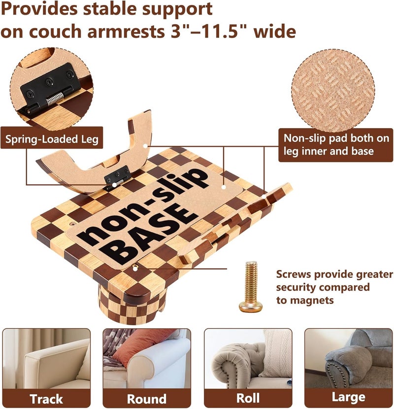 Acanacle Couch Arm Table with Gift Box, Checkered Carbonized Rubber Wood Sofa Armrest Tray, 3-in-1 Clip-on Large Couch Cup Holder Tray & Phone Stand for Drinks, Snacks & Remote - Image 5